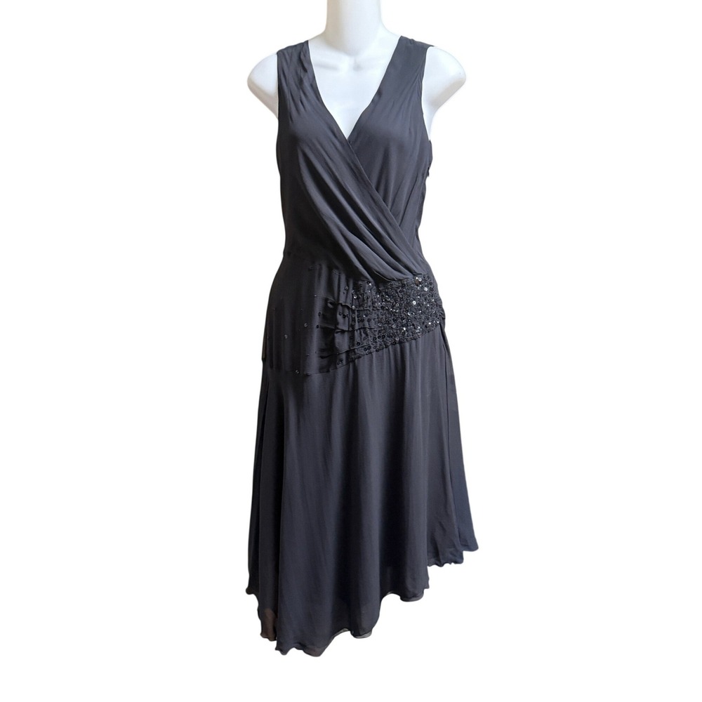 Nougat London Silk Sequin Midi Dress Black Sz 2 Asymmetrical Drop Waist Art Deco